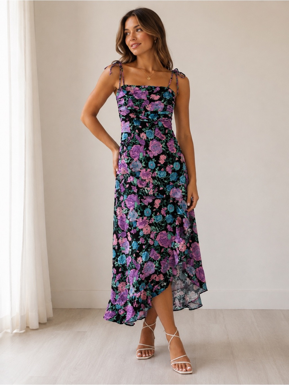 WAYF Floral Tie Strap Asymmetrical Ruffle Midi Dress – XS
